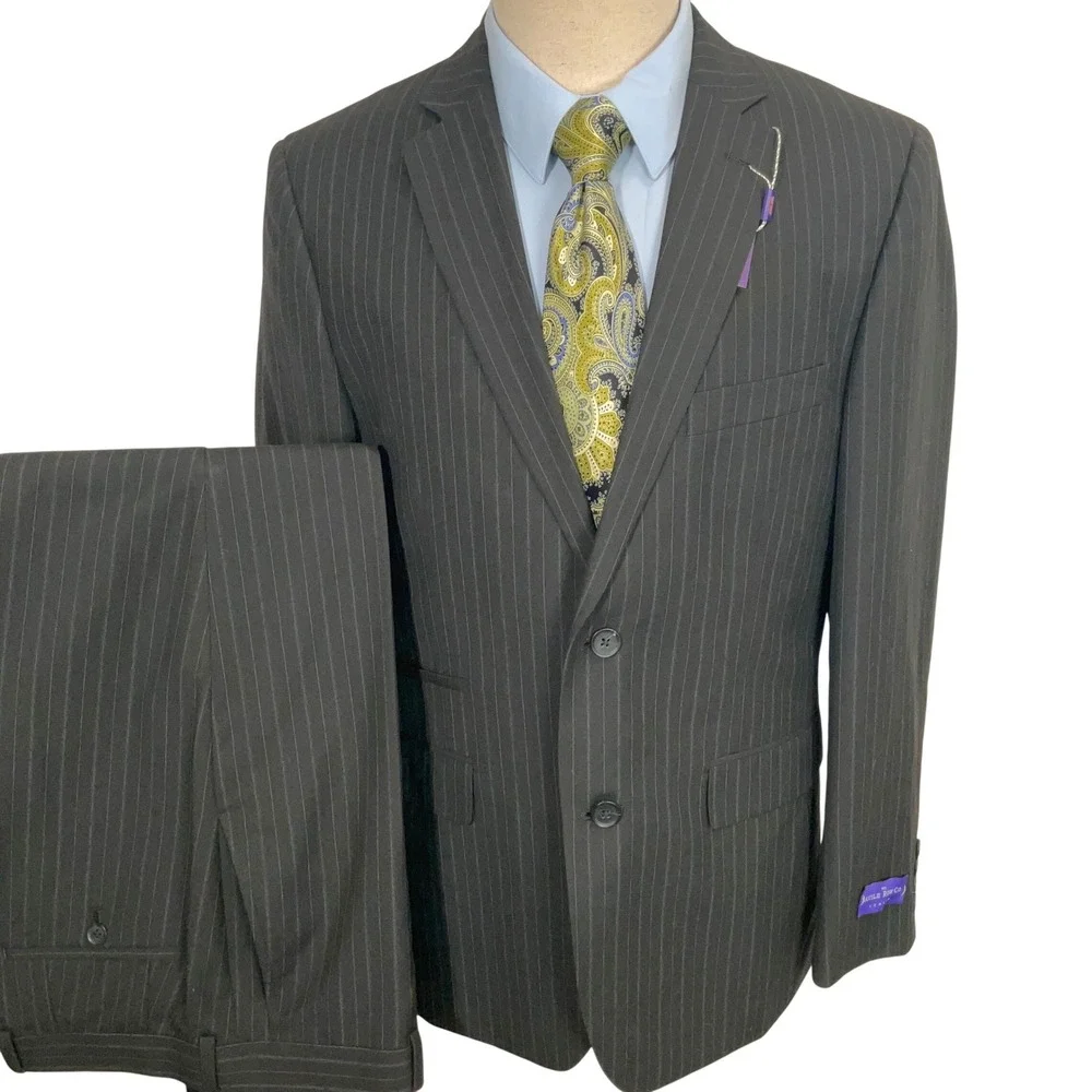 Savile Row Suit Mens 40R 34R Charcoal Gray Pinstripe Rivington-V Slim Fit London